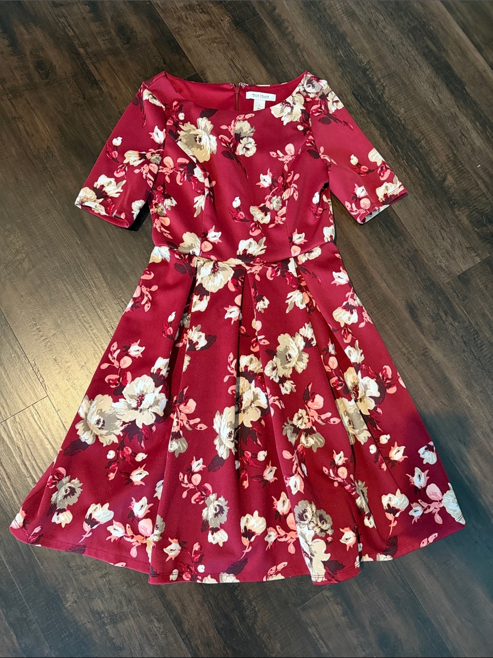 White House Black Market Burgundy Floral Fit-and-Flare Midi Dress